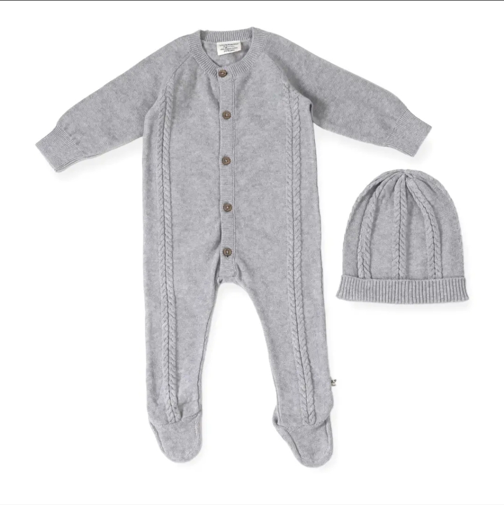 Milan Cable Knit Baby Footie Jumpsuit & Hat Set